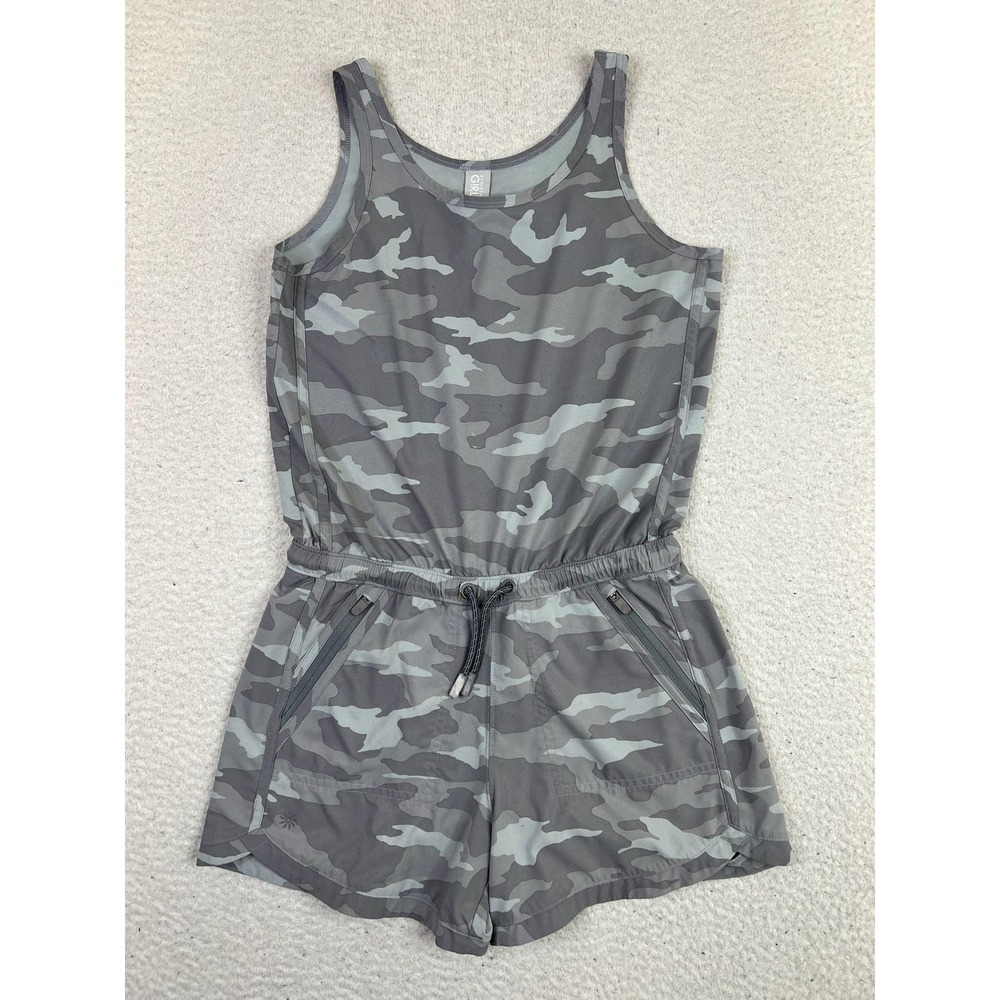 Athleta Girl Romper Girls Large 12 Gray Camo Sleeveless Drawstring Zip Pockets